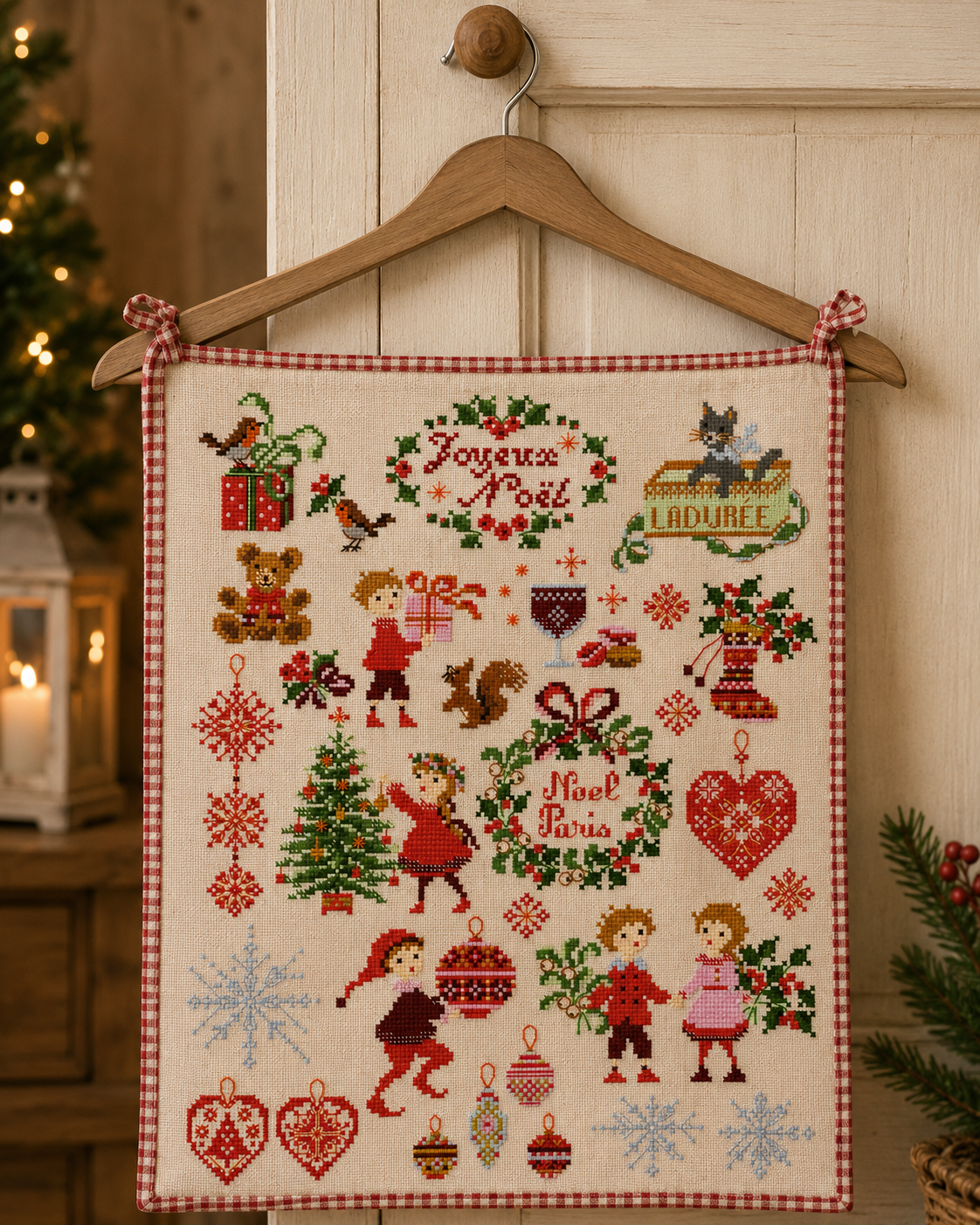 Grille point de croix Noël : mini-motifs personnages, sapins, cœurs. 150x190 pts. Planche festive signée Perrette Samouïloff.
