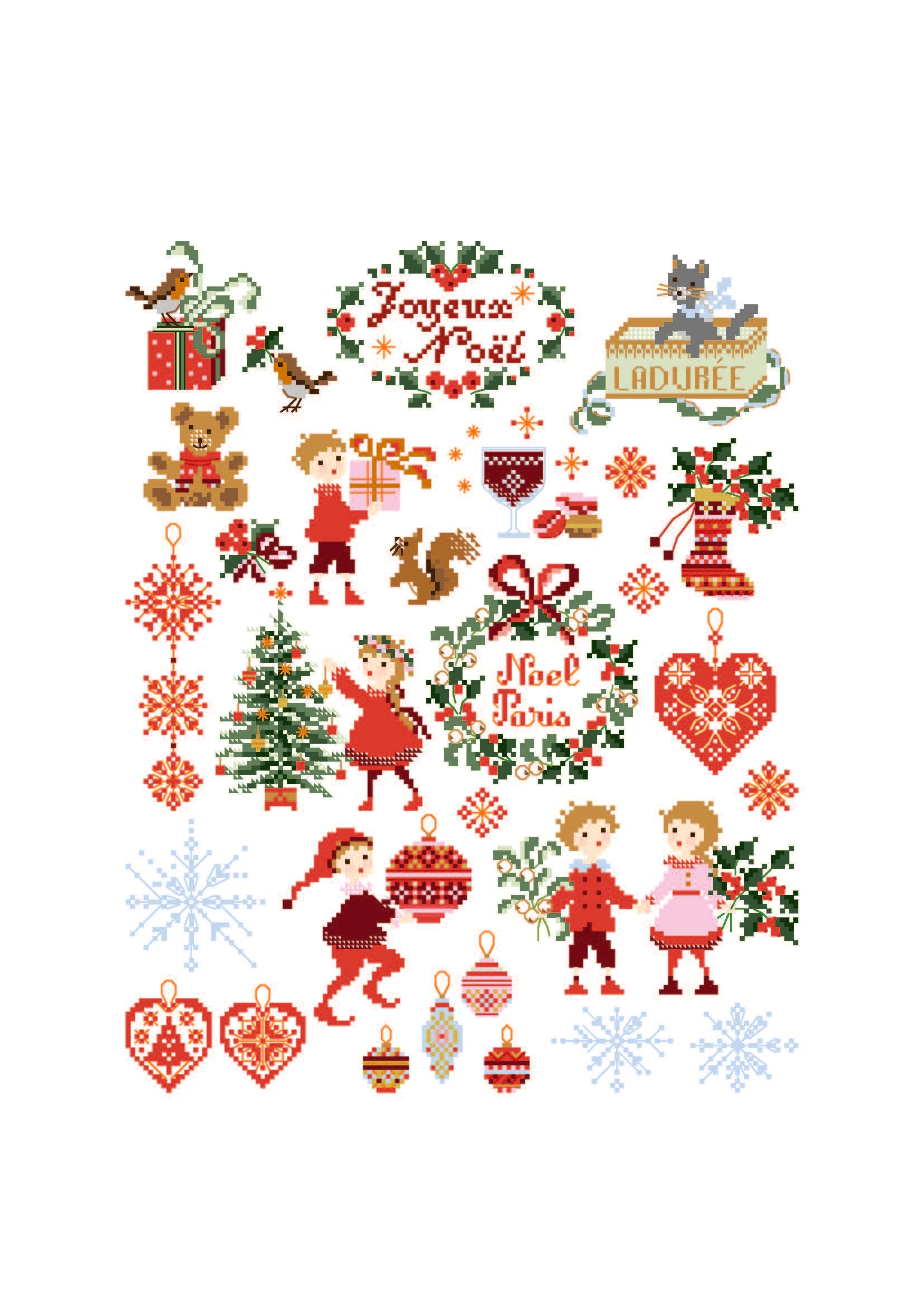Grille point de croix Noël : mini-motifs personnages, sapins, cœurs. 150x190 pts. Planche festive signée Perrette Samouïloff.