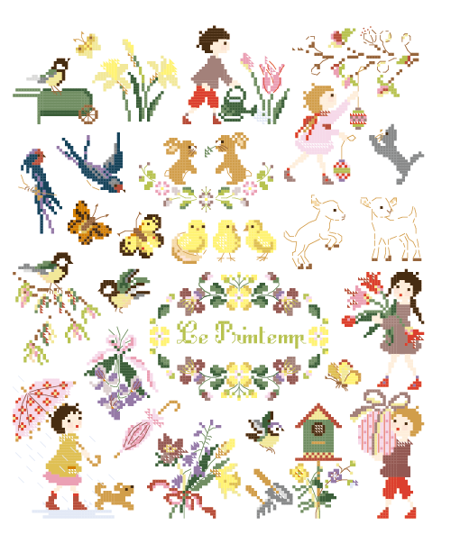 Grille point de croix Petites Histoires à Broder n°4 de Perrette Samouiloff. Scènes printanières 150x180 points, enfants, animaux et fleurs. Toile claire.