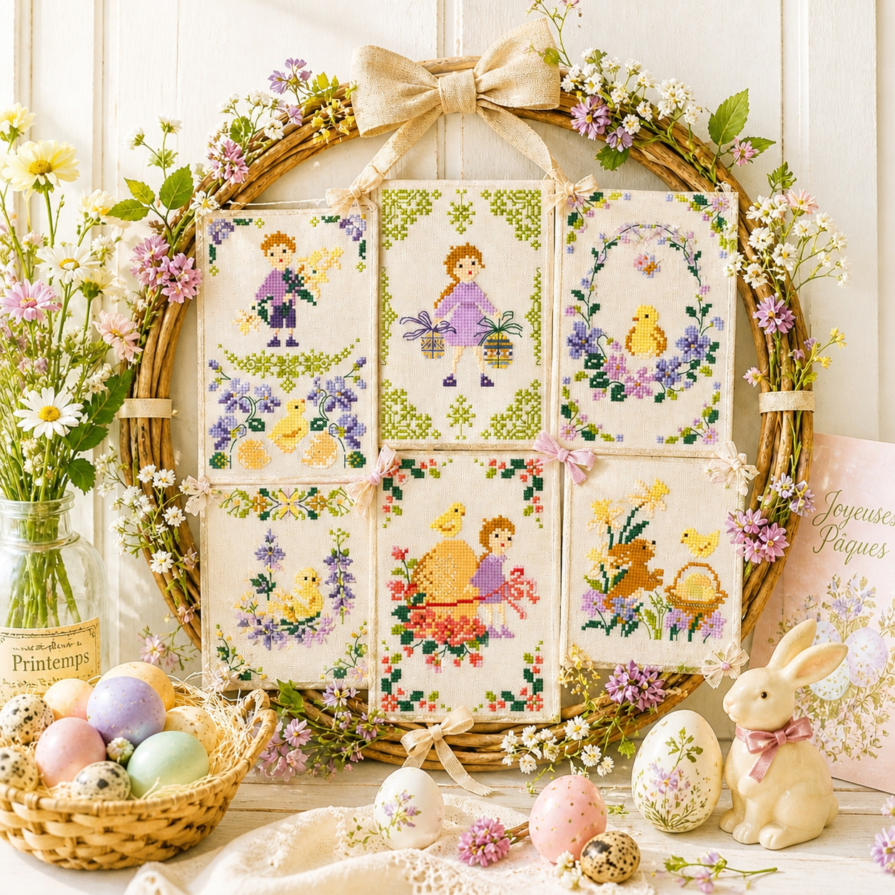 Grille point de croix "Petits motifs de Pâques" par Perrette Samouiloff. 51x80 pts, toile blanche ou claire. Lapins, poussins, fleurs.