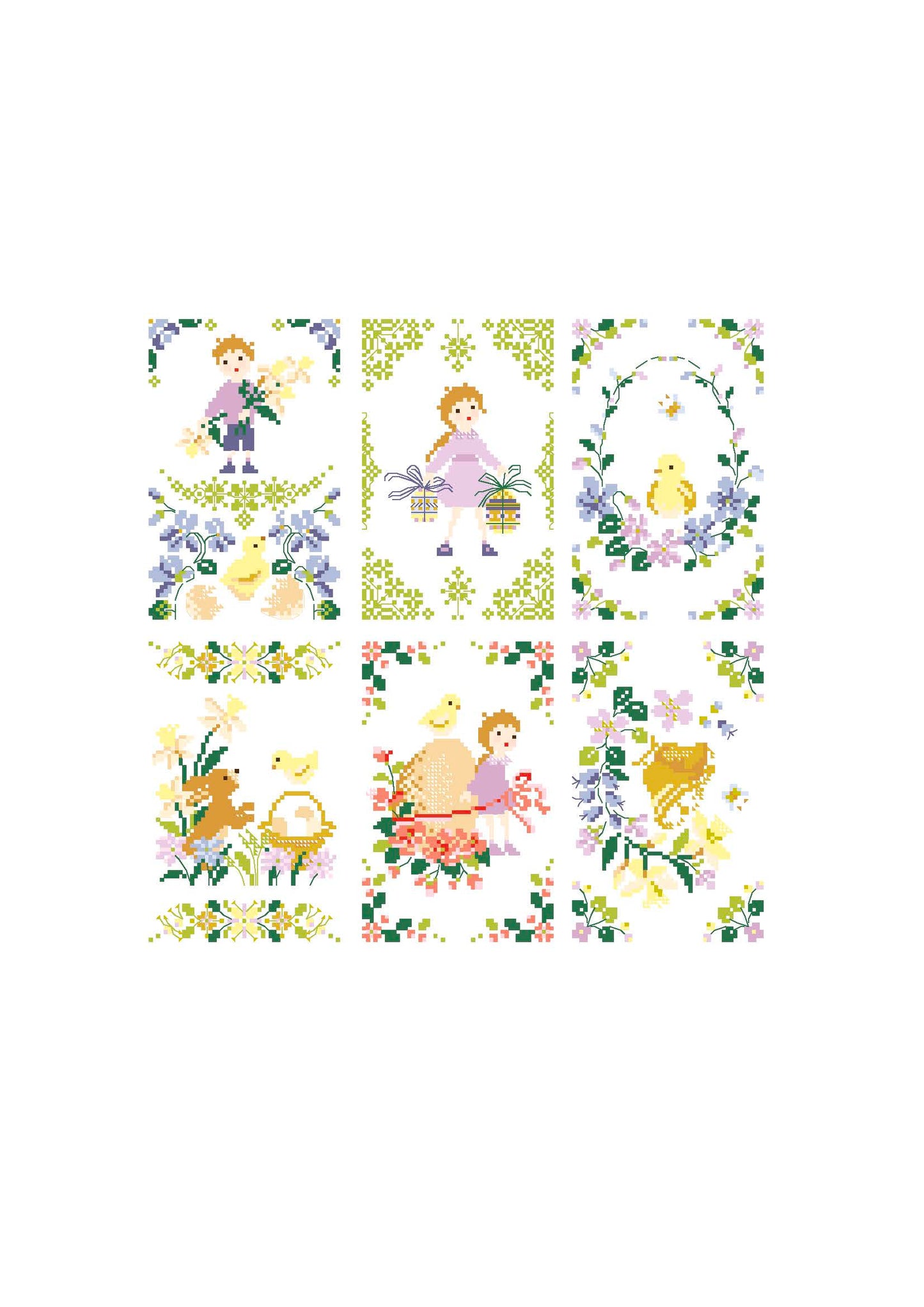 Grille point de croix "Petits motifs de Pâques" par Perrette Samouiloff. 51x80 pts, toile blanche ou claire. Lapins, poussins, fleurs.