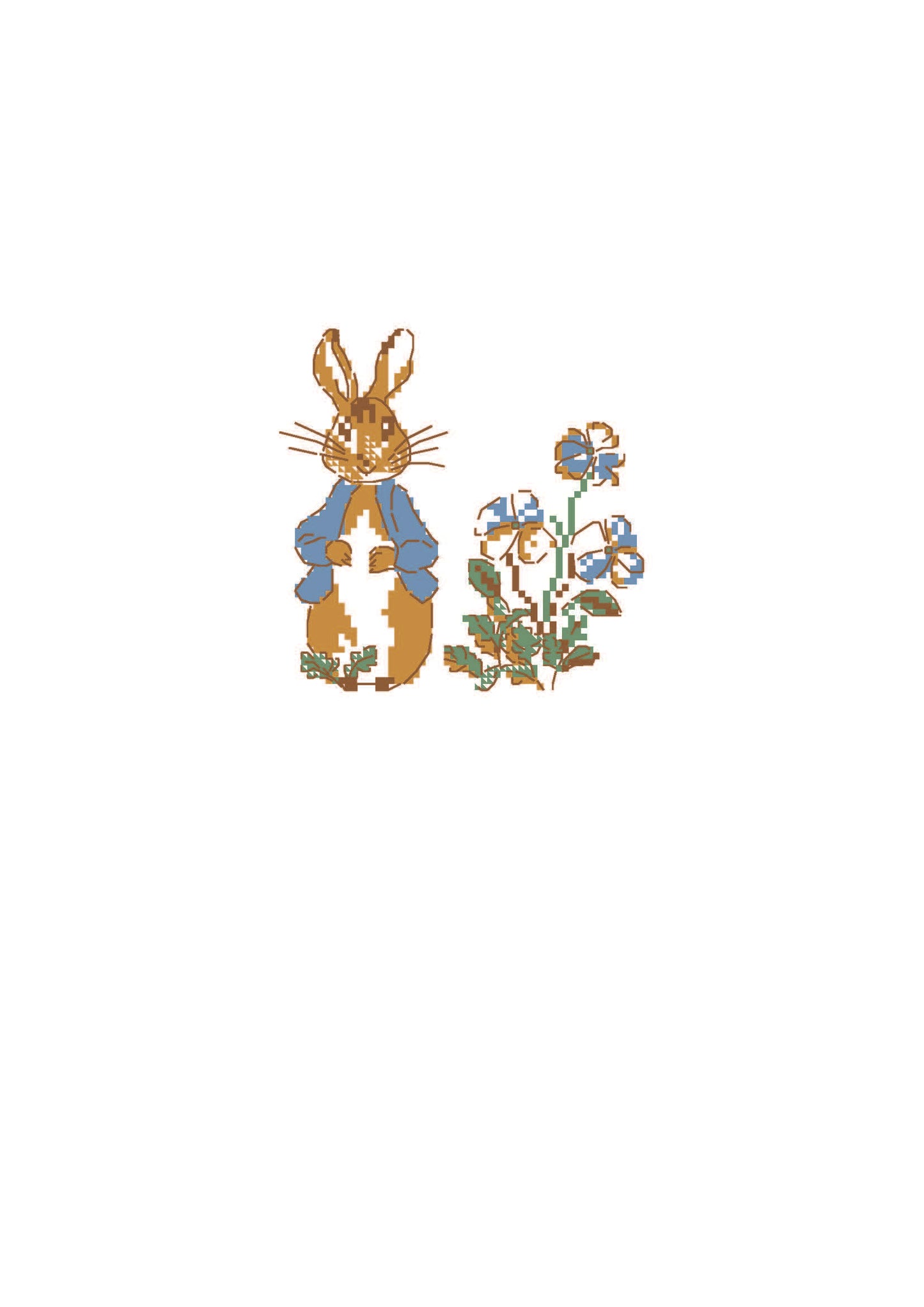 Grille de point de croix printanière : Pierrot Lapin dans le jardin. 59×58 points, techniques mixtes. Idéale pour Pâques et décoration de saison.