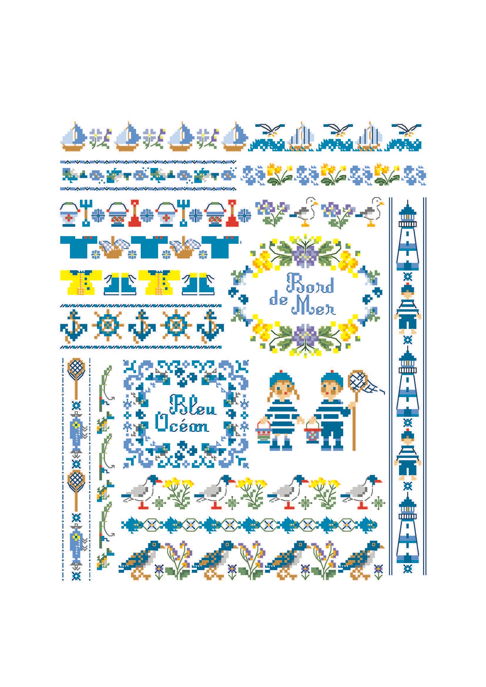 Planche de 3 abécédaires estivaux au point de croix : fleurs, cœurs, voiliers et petits animaux. Création de Perrette Samouiloff. 60 x 60 points chacun, point de croix 1 brin.