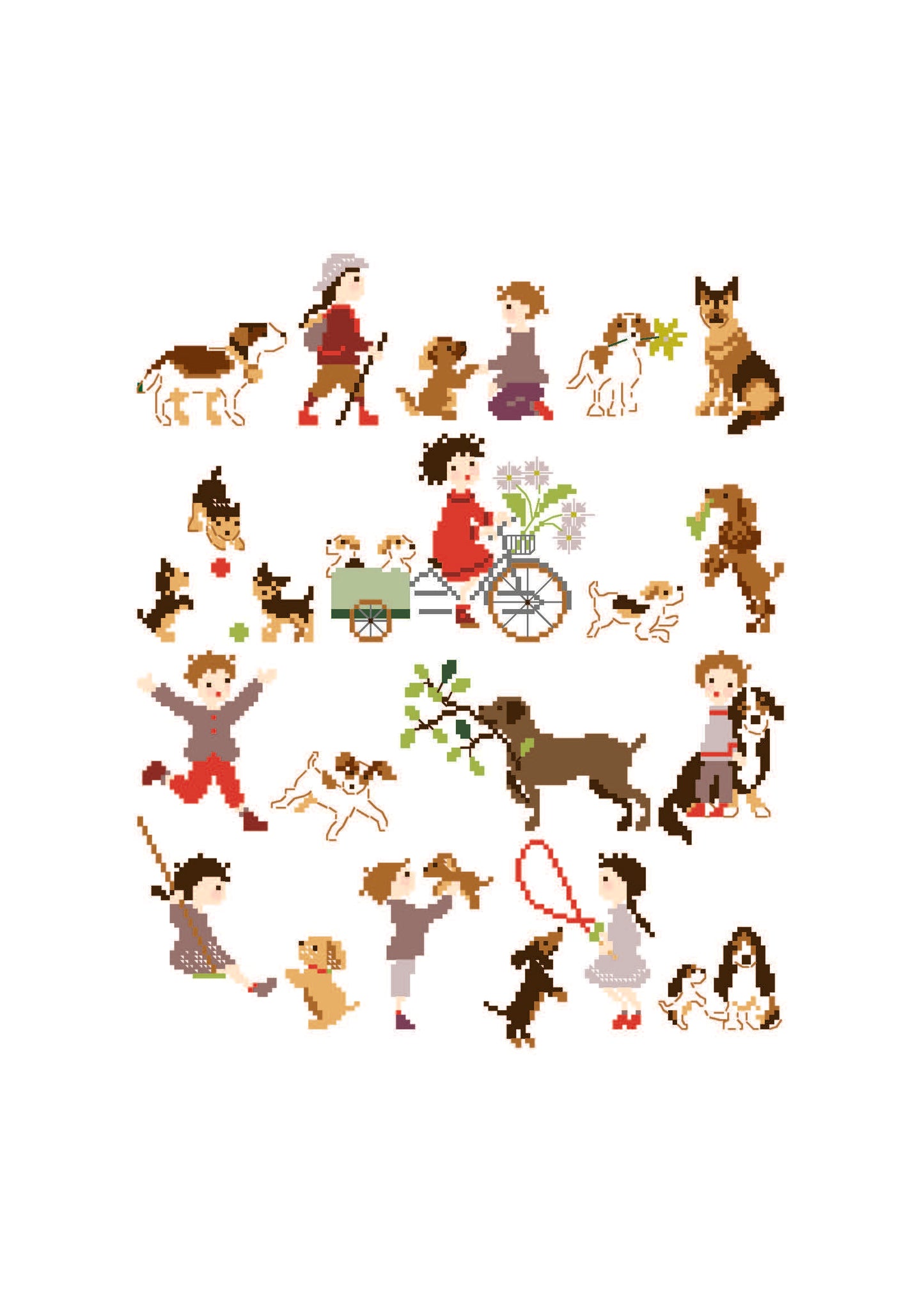 Grille de point de croix "Planche de chiens" de Perrette Samouïloff. 140 x 172 points, scènes tendres d'enfants et leurs chiens. Idéale pour une décoration douce et intemporelle.