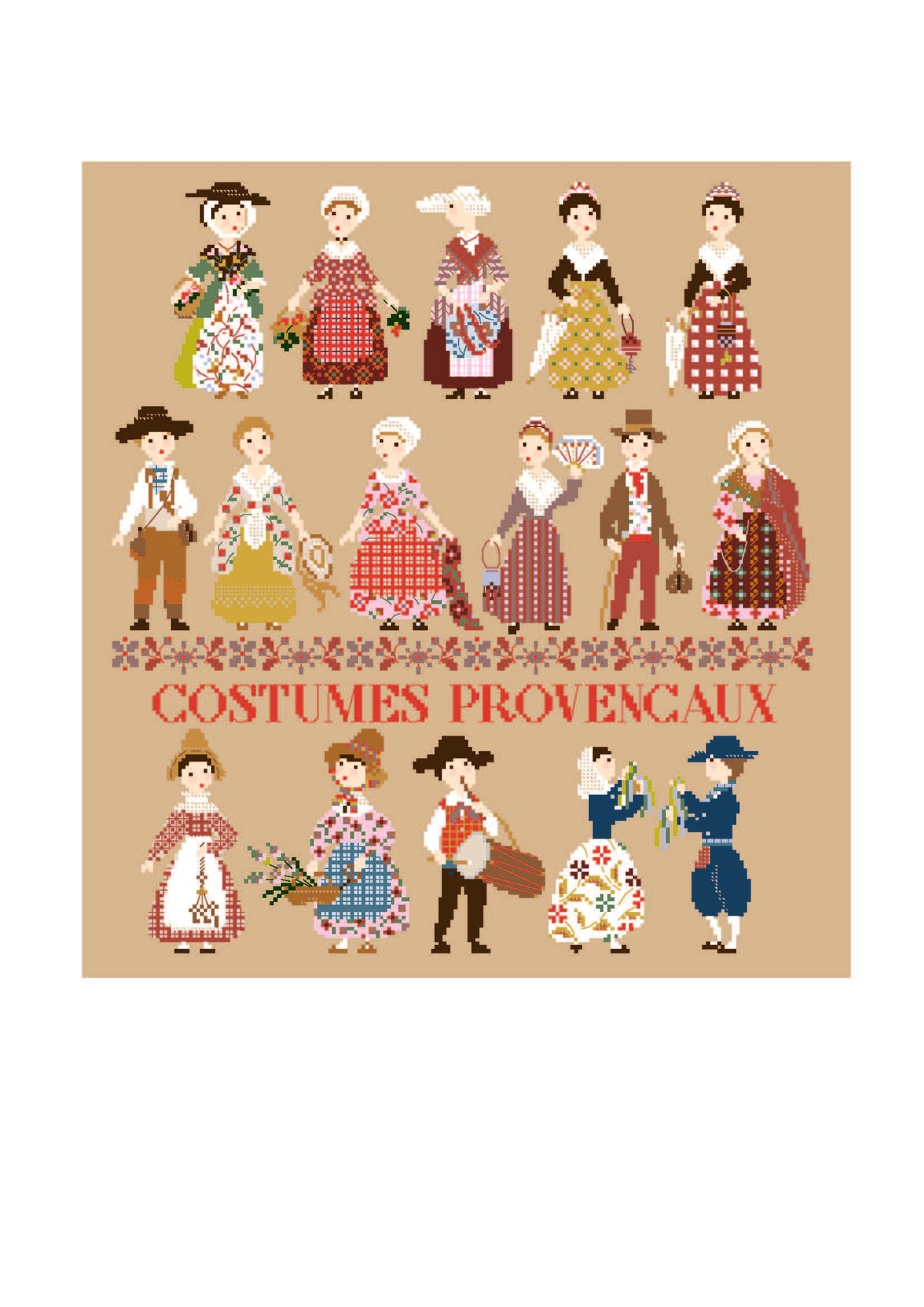 Brodez les costumes provençaux avec cette grille inédite de Perrette Samouiloff, 191 × 210 points. Découvrez les traditions de Provence au point de croix.