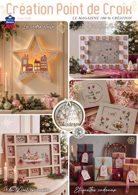 Brodez « Mon sapin scintillant », une suspension de Noël sur Aïda 7 points parchemin. Motif de 87 × 76 points. Grille incluse dans le magazine.