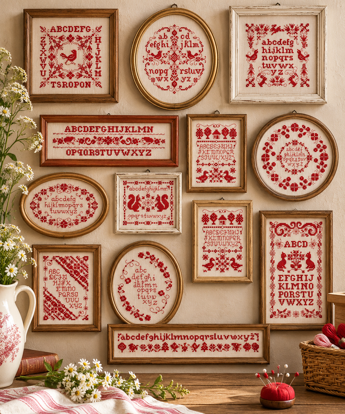 Brodez Petits cadres rouges de Perrette Samouiloff : une grille inédite d’abécédaires et de motifs monochromes, au charme des samplers anciens.