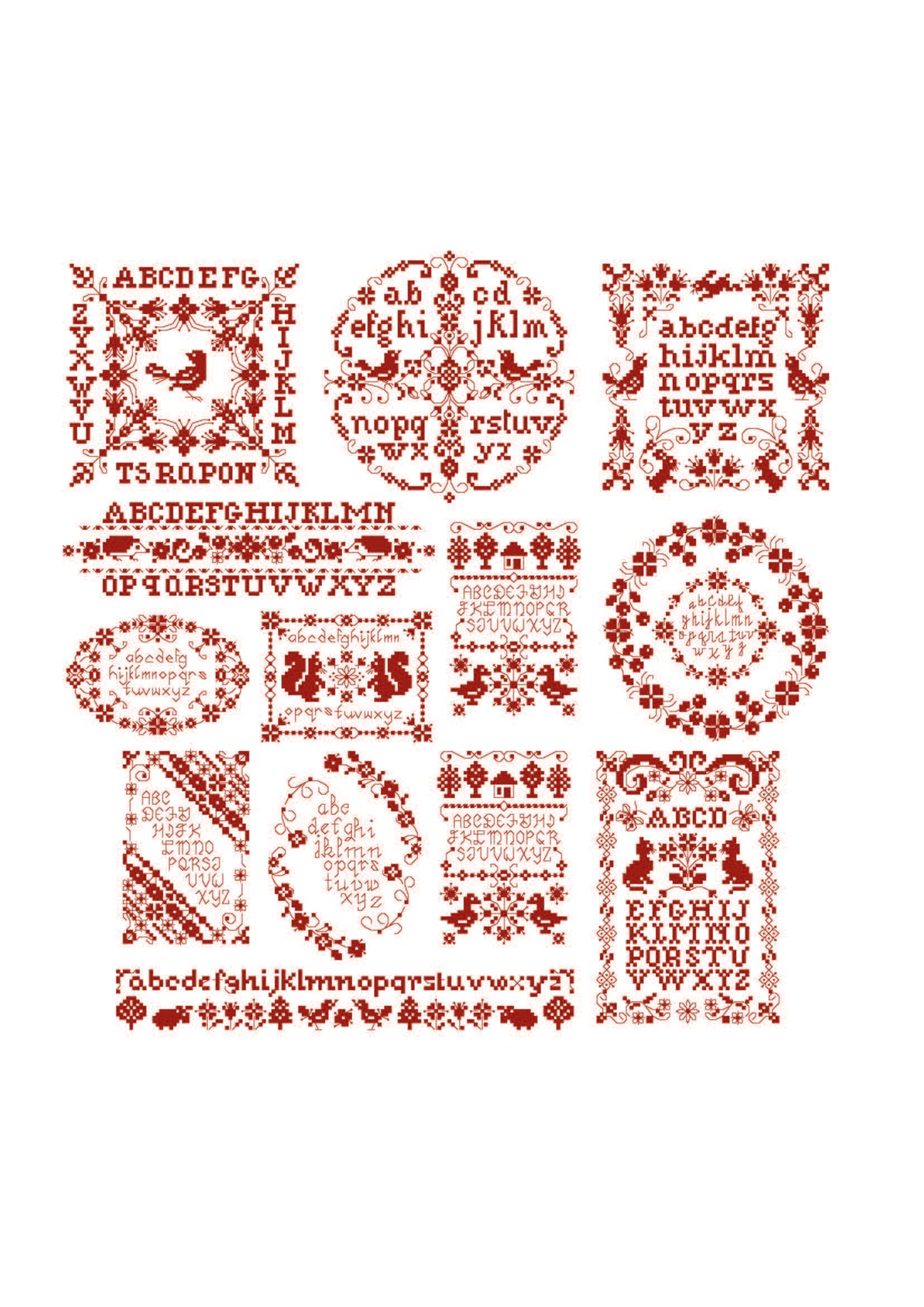 Brodez Petits cadres rouges de Perrette Samouiloff : une grille inédite d’abécédaires et de motifs monochromes, au charme des samplers anciens.