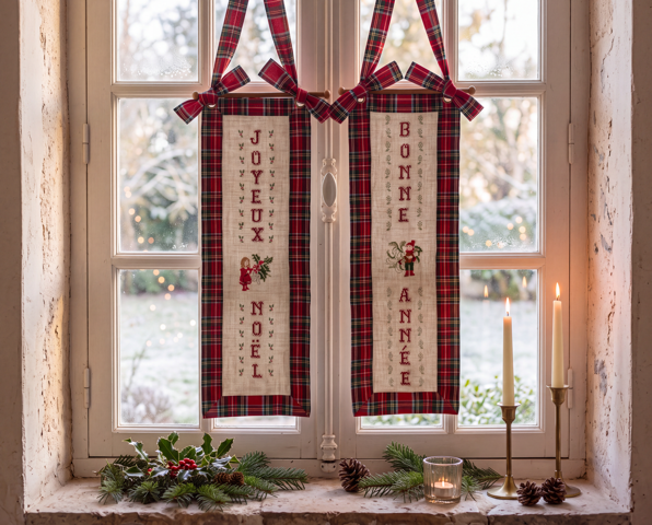 Brodez « Un air de fête à la fenêtre » : deux panneaux Joyeux Noël et Bonne Année, associés au tartan rouge, pour une décoration de fêtes chaleureuse.