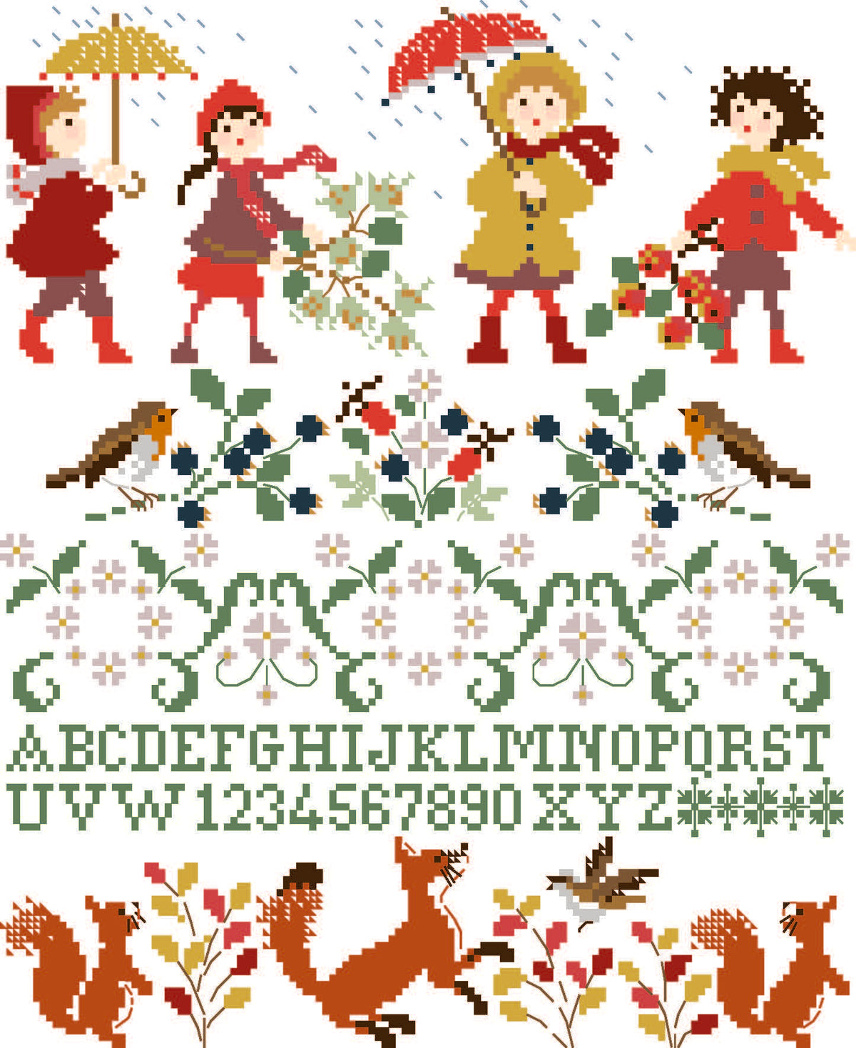 Grille inédite broderie point de croix : Promenade d’automne par Perrette Samouiloff. 130×159 pts, renards, feuilles, enfants. Point de croix, ¾ de point, point de piquûre.