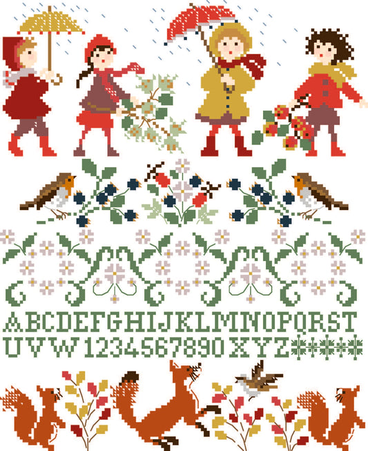 Grille inédite broderie point de croix : Promenade d’automne par Perrette Samouiloff. 130×159 pts, renards, feuilles, enfants. Point de croix, ¾ de point, point de piquûre.