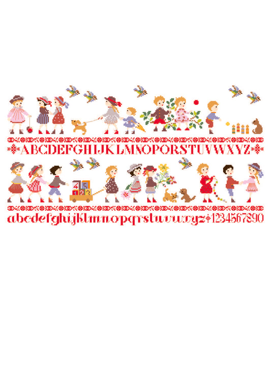 Grille point de croix Ribambelle Enfants ABC de Perrette Samouiloff. Frise alphabet 280x153 points, enfants, animaux et fleurs. À broder sur toile claire.