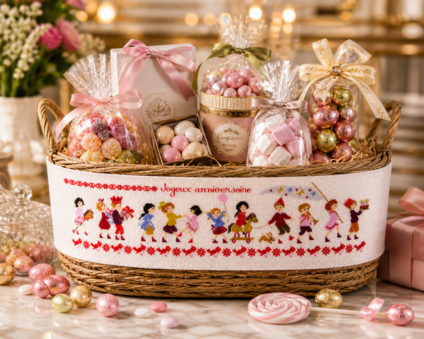 Grille point de croix Ribambelle Enfants Anniversaire de Perrette Samouiloff. Frise festive 334x80 points, ballons et gâteaux. À broder sur toile claire.