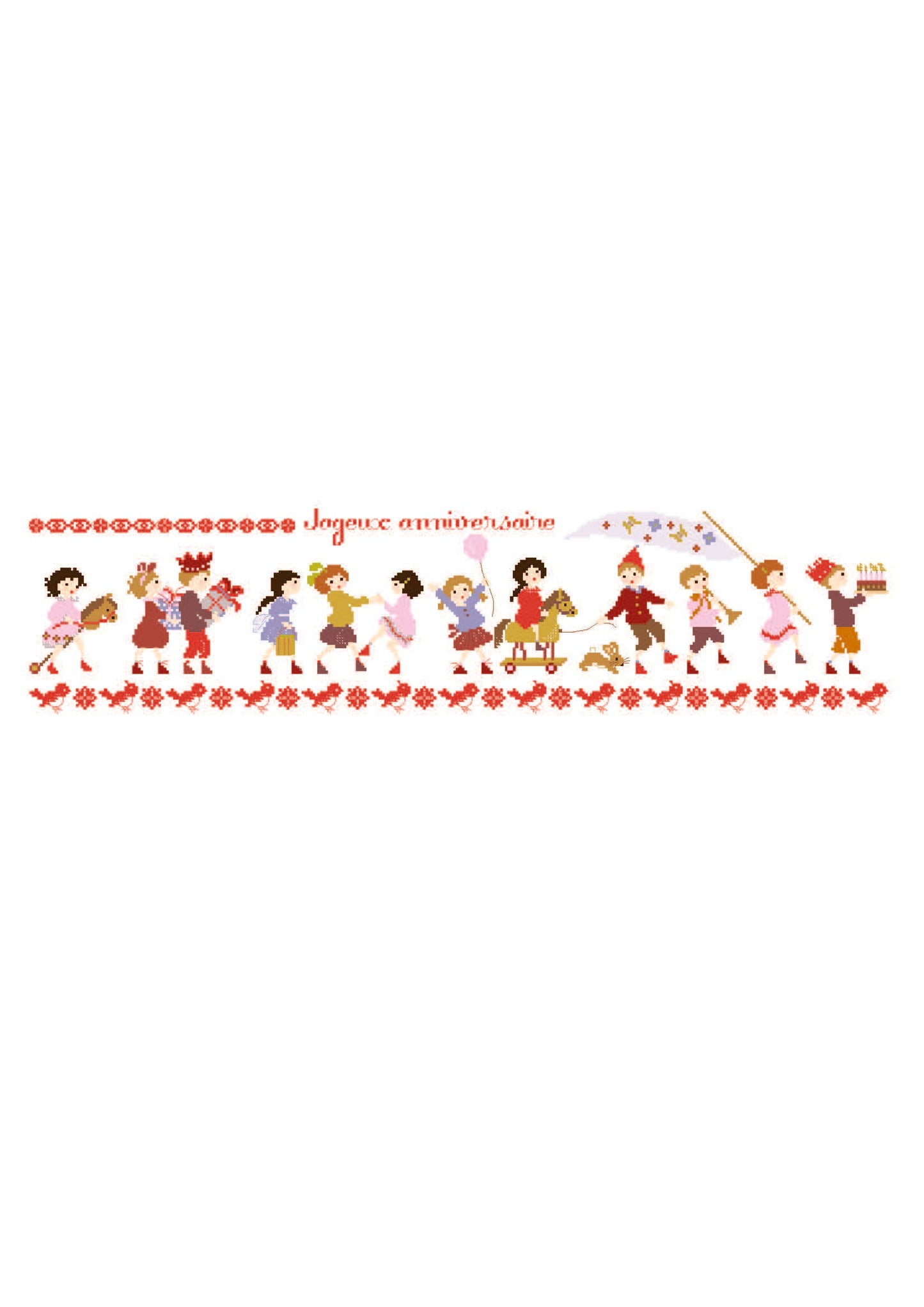 Grille point de croix Ribambelle Enfants Anniversaire de Perrette Samouiloff. Frise festive 334x80 points, ballons et gâteaux. À broder sur toile claire.