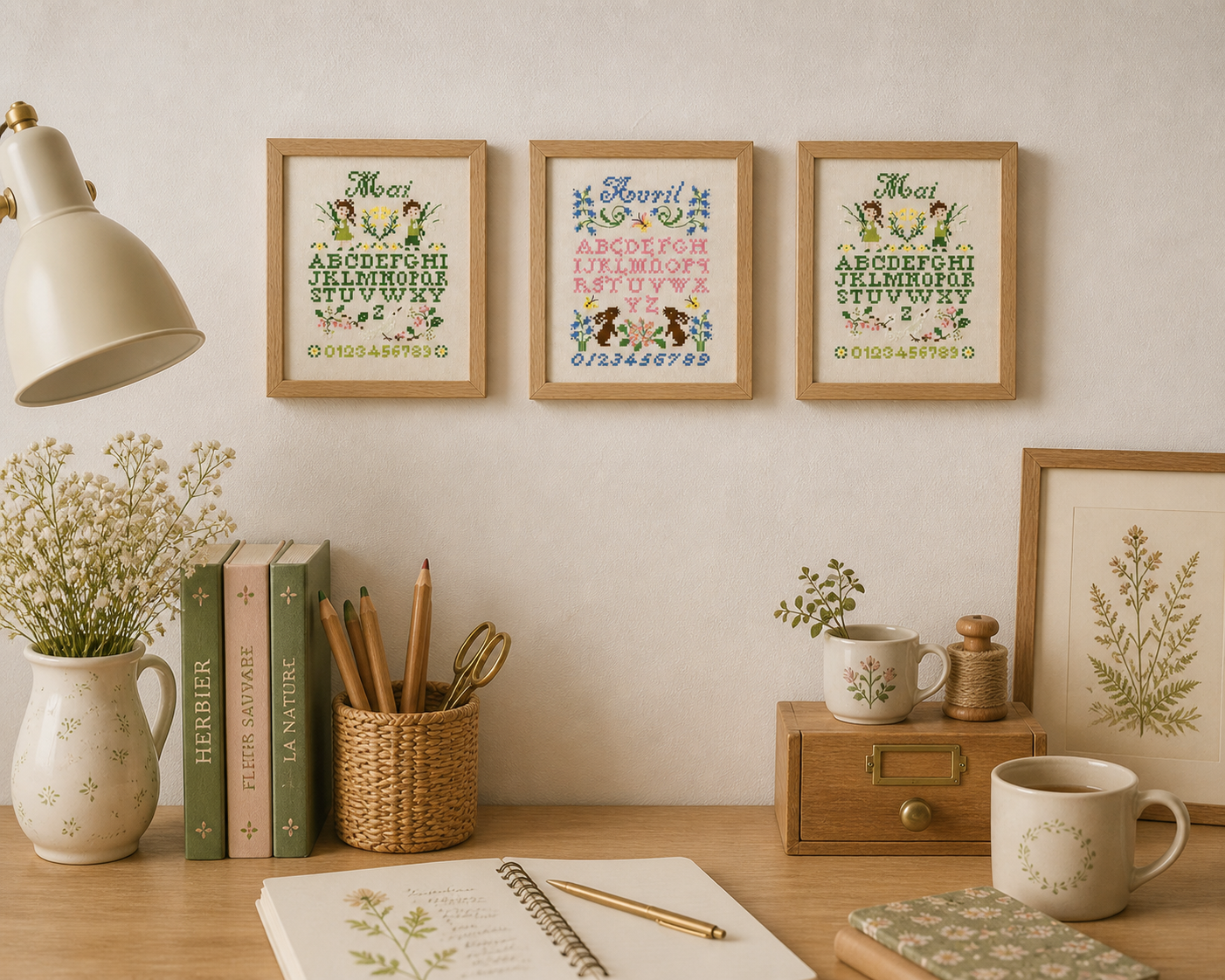 Lot de 3 grilles point de croix Samplers de Printemps de Perrette Samouiloff. 60x60 points chacune, motifs fleurs et oiseaux. À broder sur toile claire.