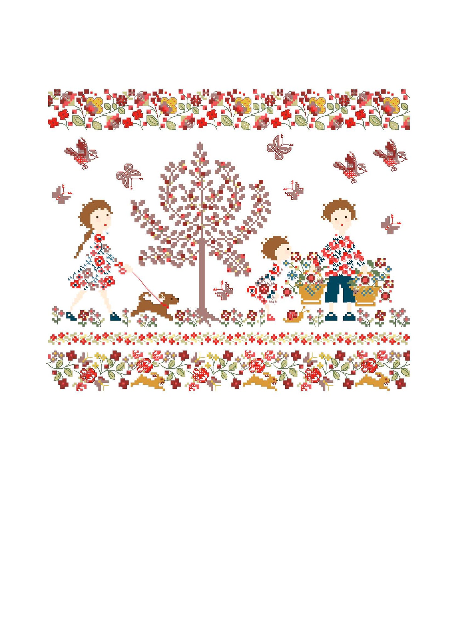 Grille point de croix Sous le Grand Arbre Fleuri de Perrette Samouiloff. Scène Liberty 180x150 points, enfants, papillons et fleurs. Toile blanche ou claire.