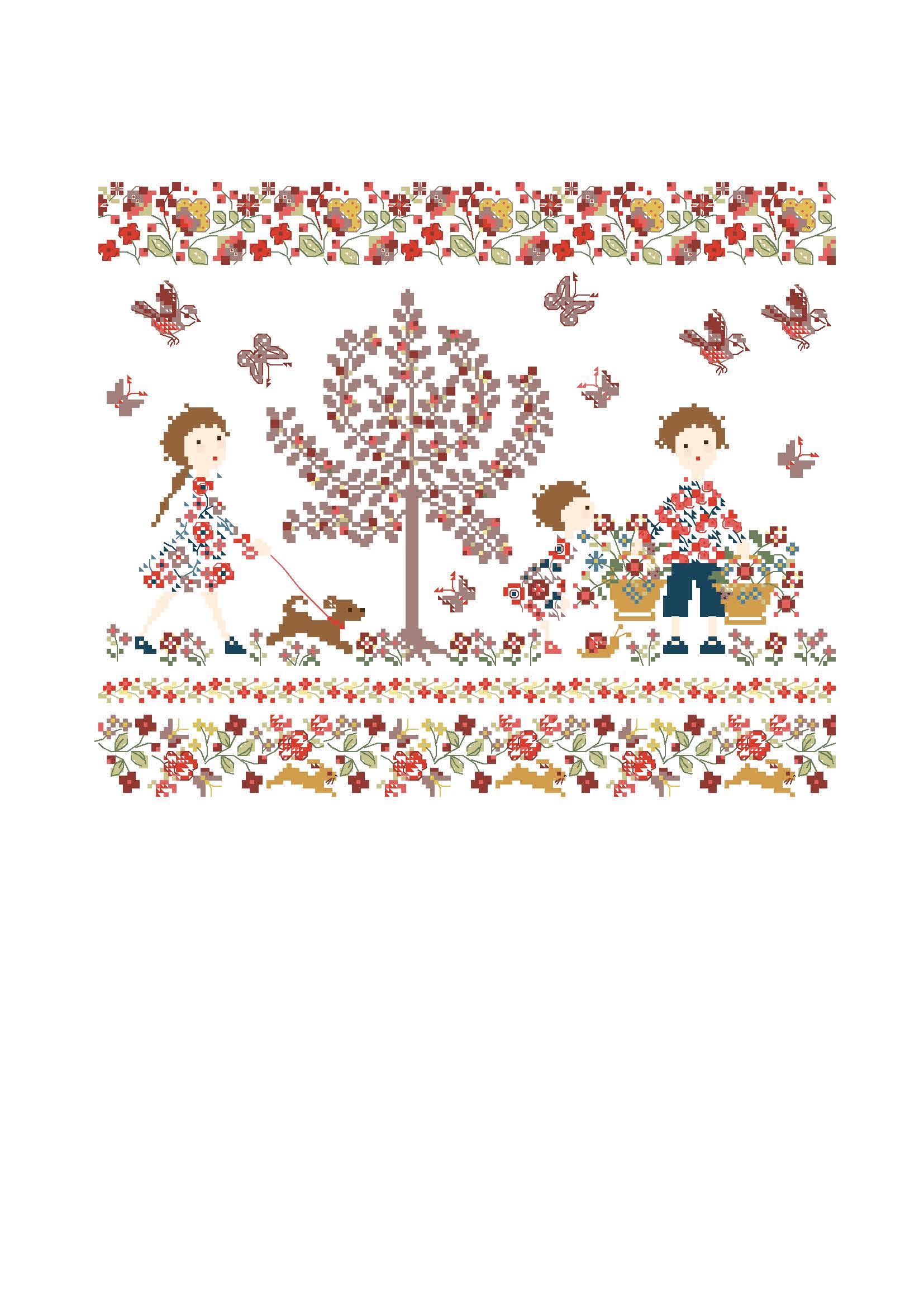 Grille point de croix Sous le Grand Arbre Fleuri de Perrette Samouiloff. Scène Liberty 180x150 points, enfants, papillons et fleurs. Toile blanche ou claire.