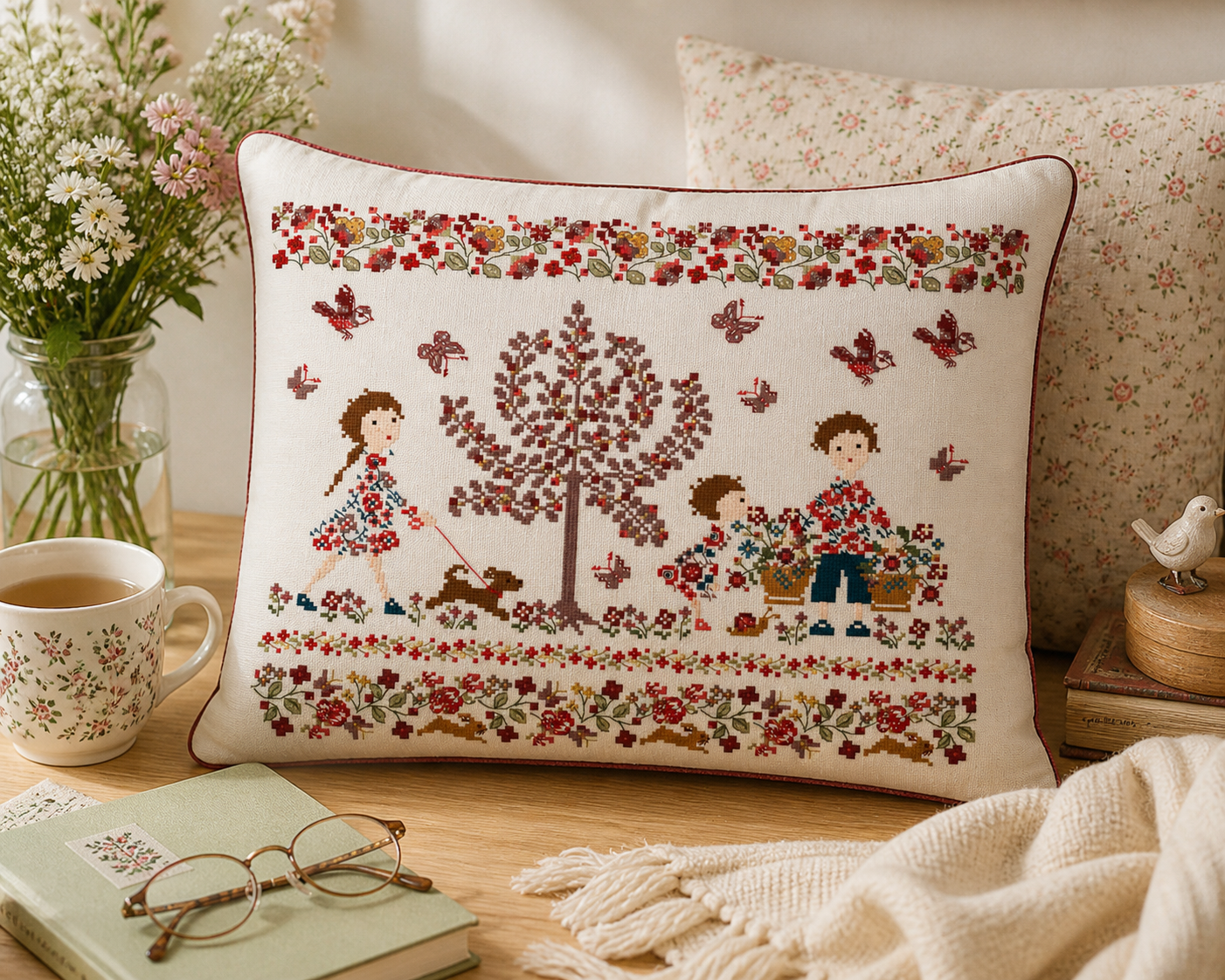 Grille point de croix Sous le Grand Arbre Fleuri de Perrette Samouiloff. Scène Liberty 180x150 points, enfants, papillons et fleurs. Toile blanche ou claire.