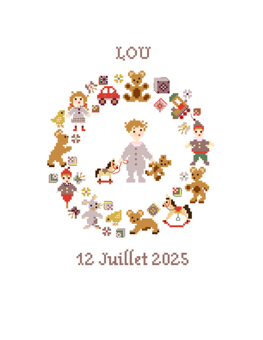 Grille inédite broderie point de croix : Souvenirs d’enfance par Perrette Samouiloff. 97×97 pts, couronne de jouets, naissance. Point de croix, ¾ de point, point de piquûre.
