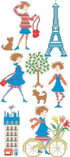 Grille inédite broderie point de croix : Un air de Paris, l’esprit de la Rive Gauche par Perrette Samouiloff. 90×100 pts. Point de croix (2 brins), ¾ point, point de piqûre.