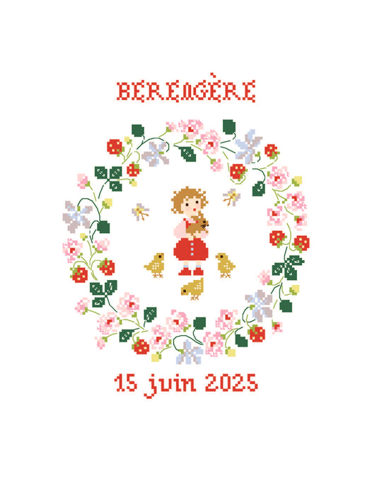Grille inédite broderie point de croix : Naissance printanière par Perrette Samouiloff. 100×99 pts, couronne fleurs, fraises, oiseaux. Point de croix, ¾ de point, point de piquûre.