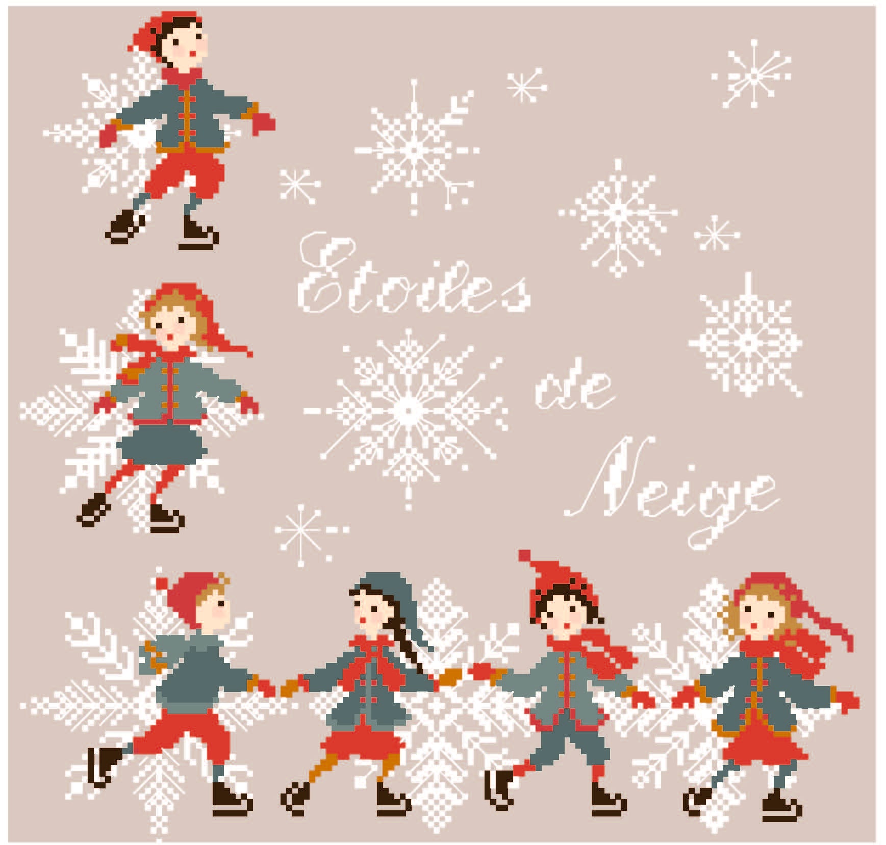 Grille point de croix hiver : enfants patineurs, flocons, farandole. 148x148 pts. Broderie hivernale signée Perrette Samouïloff.